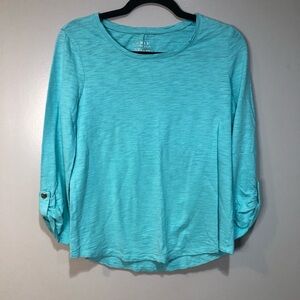 Chicos Blue the Ultimate Tee Long Sleeves, Buttons on the Sleeves